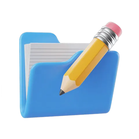Bright yellow pencil resting on open blue folder with lined paper inside isolated clipart PNG