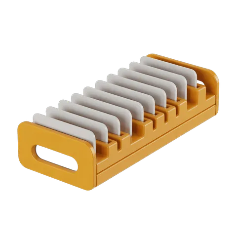 Bright yellow plastic toothbrush holder with ten upright slots for bathroom organization PNG
