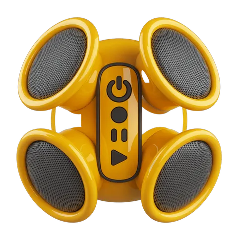 Bright yellow portable speaker with four speakers for outdoor music events and parties PNG