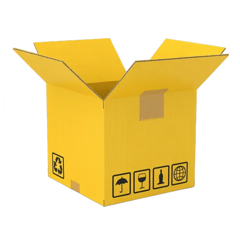 Bright yellow shipping box with recyclable and fragile warning icons for packaging design PNG