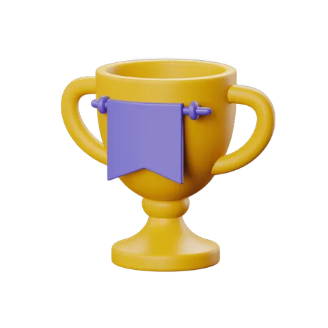 Bright yellow trophy cup with purple ribbon for achievement awards and celebrations PNG
