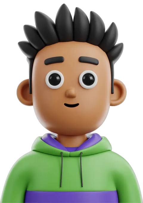 Cartoon boy character with spiky hair wearing green hoodie for children illustrations and branding PNG