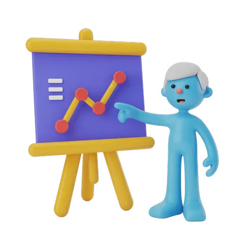 Cartoon businessman presenting upward growth chart on easel for business success and analytics PNG