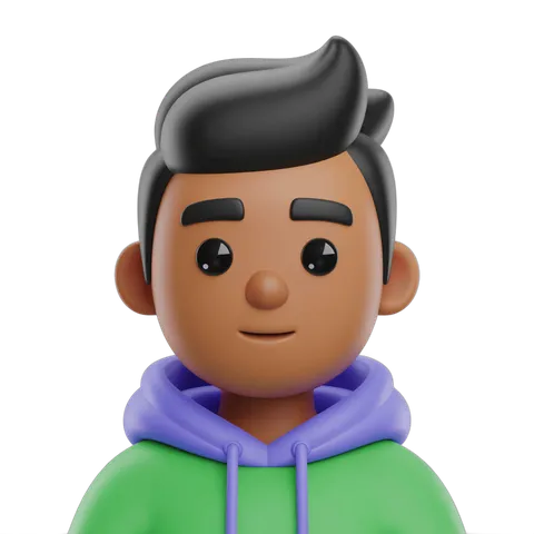 Cartoon character boy wearing green hoodie purple trim happy expression isolated clipart PNG