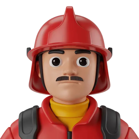 Cartoon firefighter character in red helmet and uniform for illustrations and presentations PNG