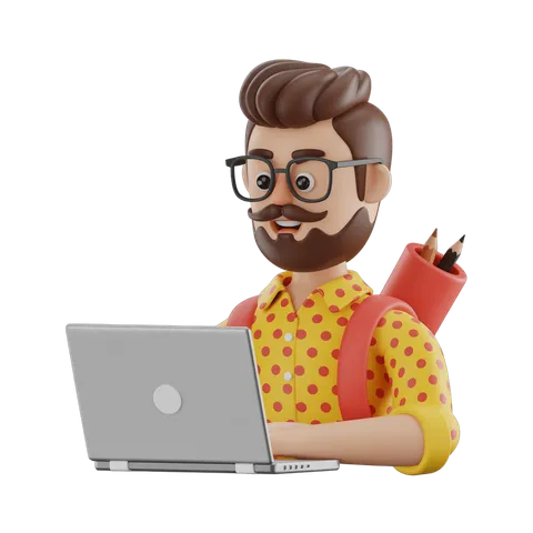 Cartoon man with glasses working on laptop and holding red pencil case for educational and office presentations PNG
