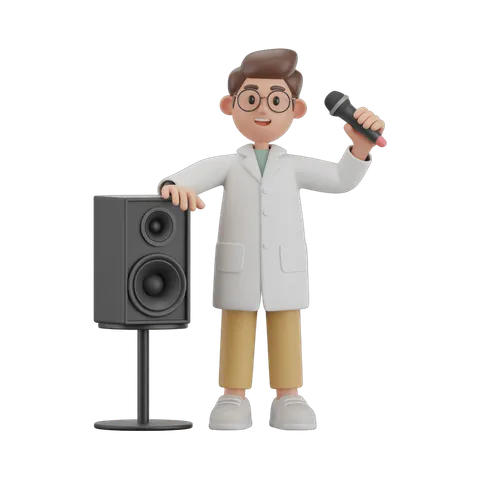 Cartoon scientist presenting with microphone and speaker for educational and presentation graphics PNG