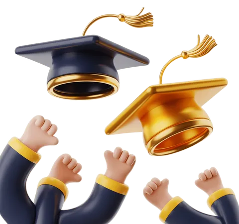 Celebrating graduation success with joyful fists raised and floating caps in 3d clipart style PNG
