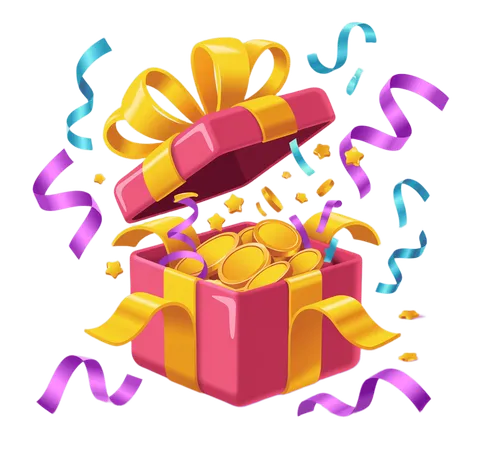 Celebration gift box filled with gold coins popping open with colorful confetti and ribbons PNG