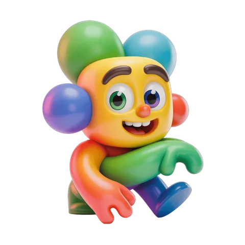Cheerful cartoon character holding colorful balloons for children party decoration PNG
