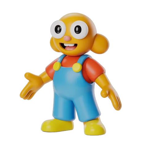 Cheerful cartoon character in overalls waving for children's illustrations and educational materials PNG