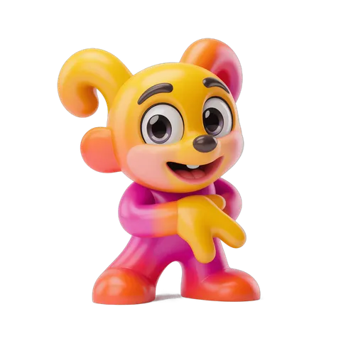 Cheerful cartoon character toy figure with curly ears and pink outfit waving PNG
