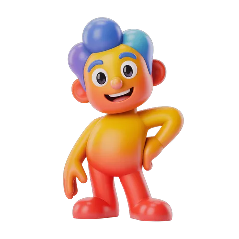 Cheerful cartoon character with colorful hair posing confidently for illustrations and designs PNG