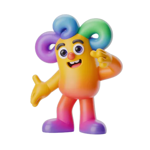 Cheerful cartoon character with colorful hair waving in playful pose for kids content PNG