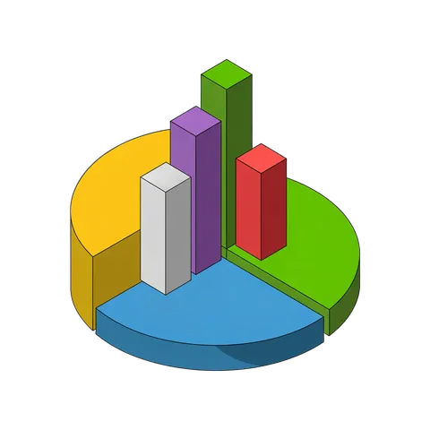 Colorful 3D pie chart with bar graph illustrating data comparison for business presentations and reports PNG