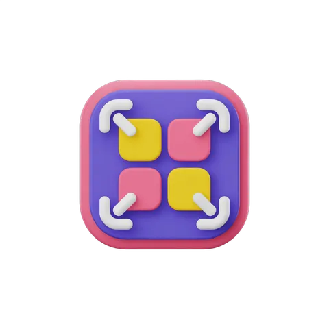 Colorful abstract puzzle game button with directional arrows for app interface design PNG
