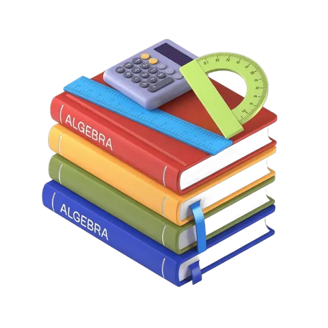 Colorful algebra books stack with calculator and protractor for education materials and school projects PNG