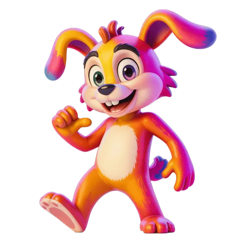 Colorful animated cartoon rabbit character waving cheerfully isolated transparent background PNG
