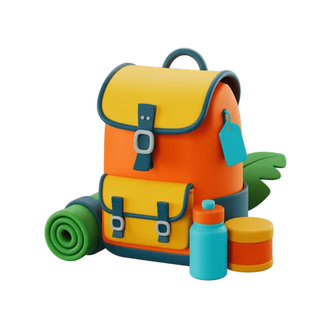 Colorful backpack with yoga mat and accessories for outdoor fitness and travel activities PNG