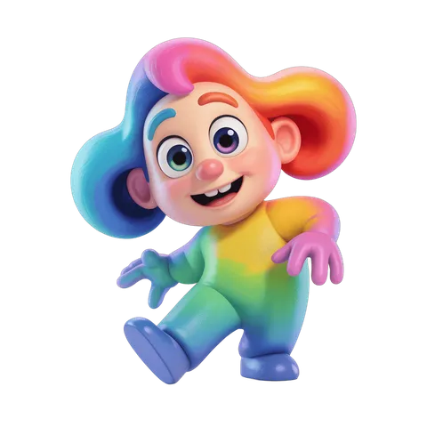 Colorful cartoon character running with rainbow hair and cheerful expression for kids content PNG