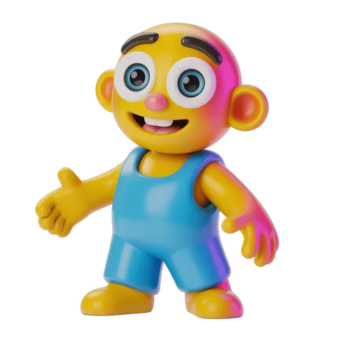 Colorful cartoon character waving in blue overalls for kids content and illustrations PNG