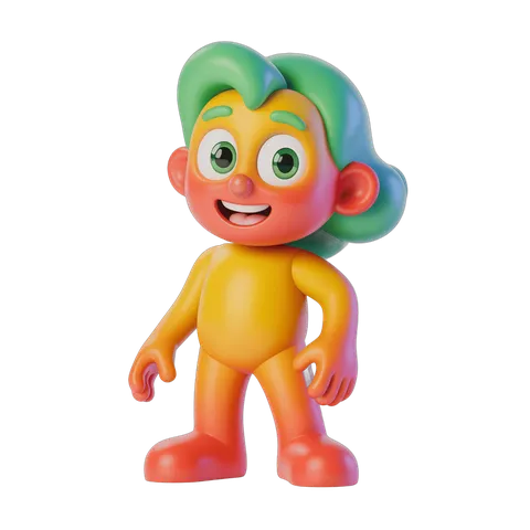 Colorful cartoon character with green hair standing cheerfully for children illustrations PNG