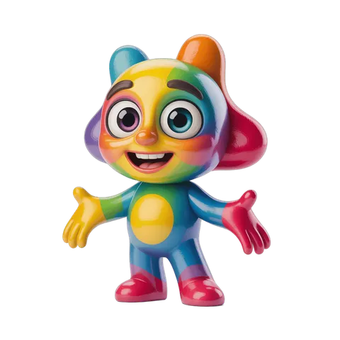 Colorful cartoon character with rainbow hair waving arms for kids illustrations PNG