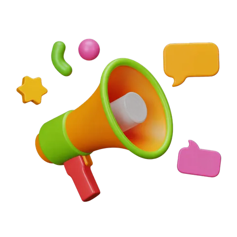 Colorful cartoon megaphone with speech bubbles and emoji icons for social media graphics PNG