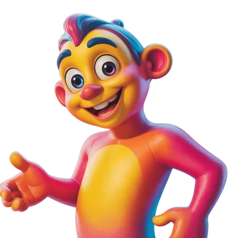 Colorful cartoon monkey character pointing with cheerful expression for kids content PNG