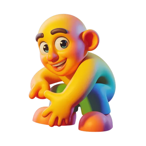 Colorful cartoon monkey character sitting with hands clasped cheerfully PNG