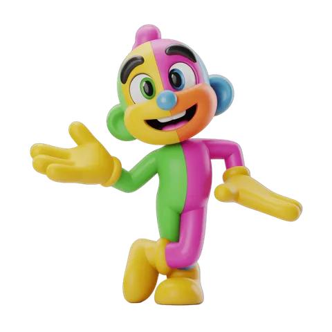 Colorful cartoon monkey character waving arms in cheerful pose for kids content PNG