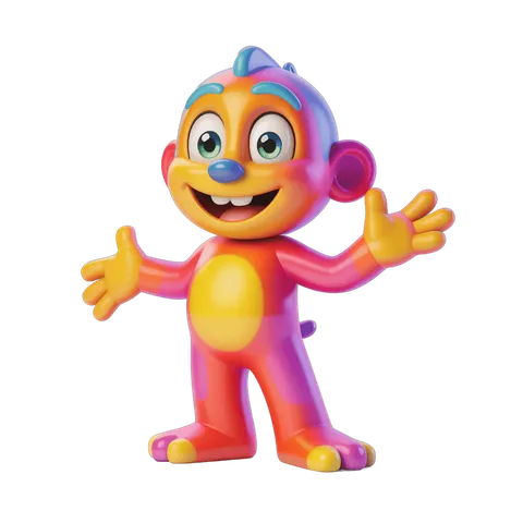 Colorful cartoon monkey character waving arms isolated transparent background PNG