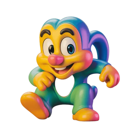 Colorful cartoon monkey toy character running with joy isolated transparent background PNG