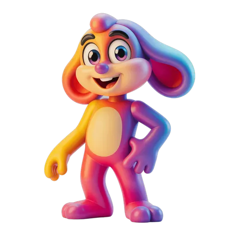 Colorful cartoon rabbit character standing confidently with hands on hips PNG
