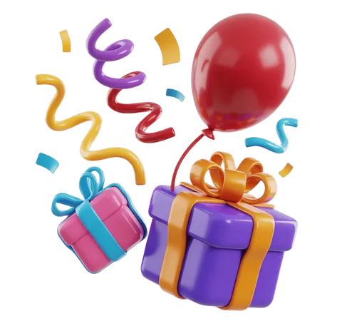 Colorful celebration gift box with balloons and confetti for birthday party decoration PNG