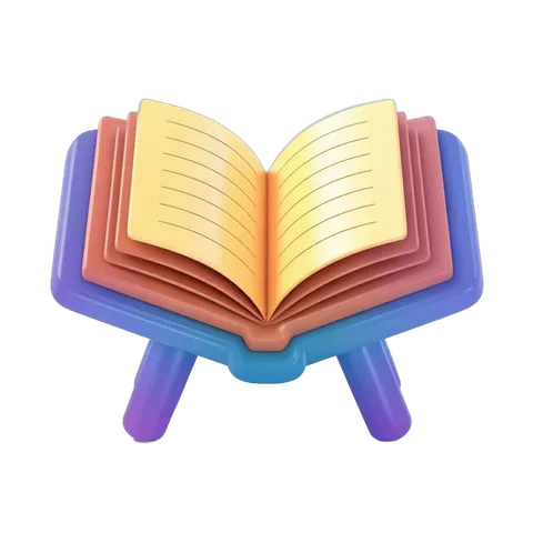 Colorful children's book stand with open hardcover book for educational illustrations and kids learning materials PNG