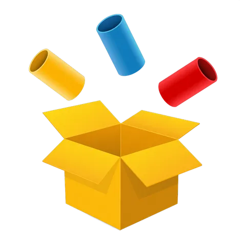 Colorful cylindrical tubes emerging from open yellow box in 3d cartoon style PNG