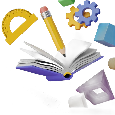 Colorful educational clipart with book pencil protractor and gears for school projects PNG