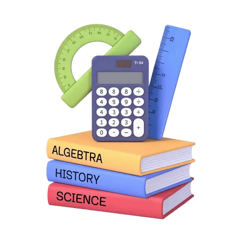 Colorful educational tools including calculator protractor and books for school learning materials PNG