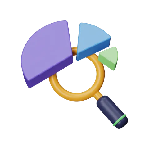Colorful pie chart graphic with magnifying glass for data analysis and business presentations PNG