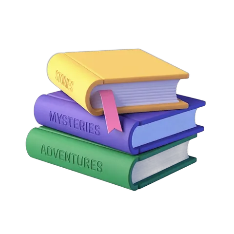 Colorful stack of books labeled stories mysteries adventures for children educational materials PNG