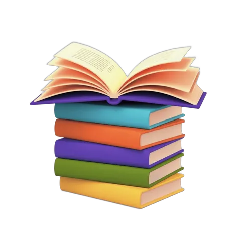 Colorful stack of books with open book on top for education and learning illustrations PNG