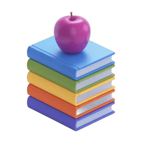 Colorful stack of books with pink apple on top for education and learning illustrations PNG