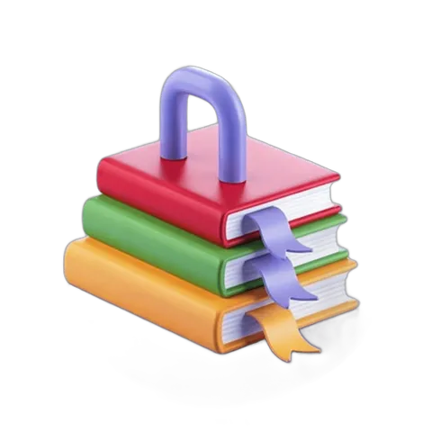Colorful stack of books with purple ribbon and padlock clipart for education and security concepts PNG