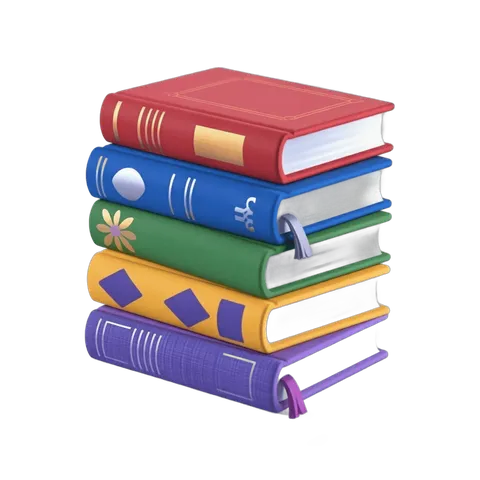 Colorful stack of five hardcover books isolated on transparent background for education marketing PNG