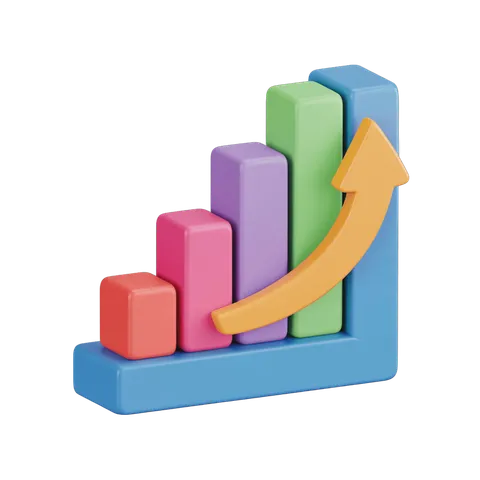 Colorful upward growth bar chart with arrow graphic element for business presentations and reports PNG