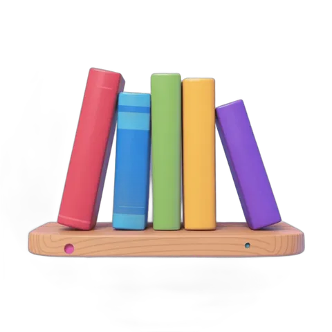 Colorful wooden bookshelf clipart with five books for educational and creative projects PNG