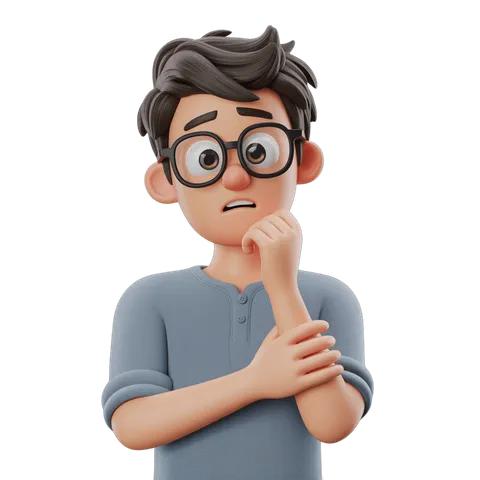 Confused young man with glasses touching chin isolated clipart graphic element for presentations PNG