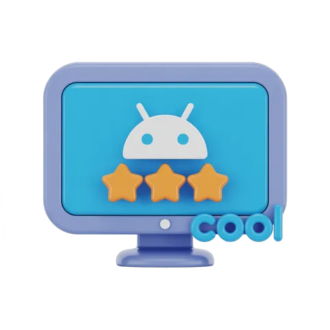 Cool rating badge with android robot icon on computer screen for app approval illustration PNG