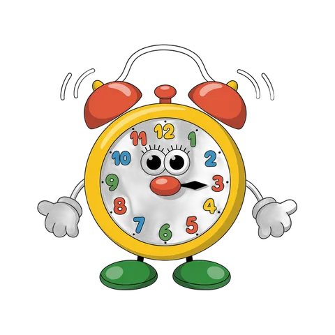 Cute cartoon alarm clock character with arms legs and face for educational materials and kids content PNG